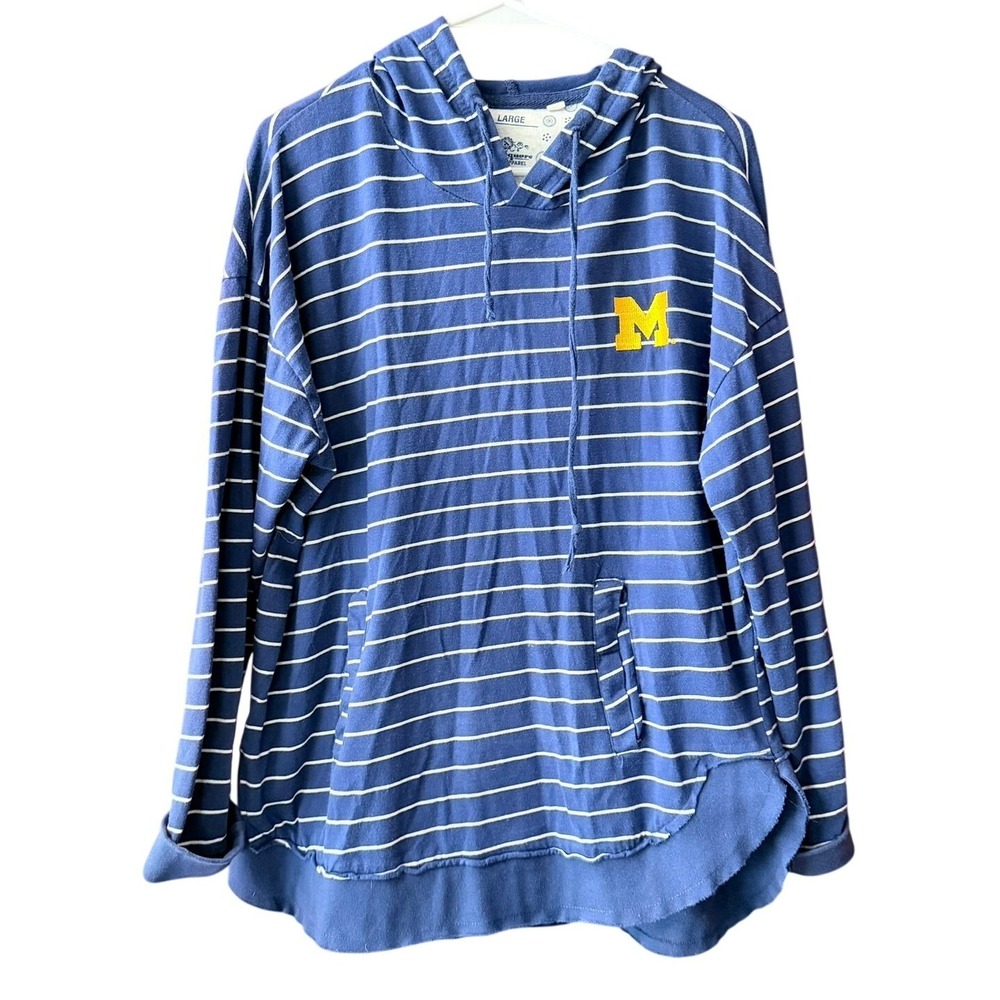 Three Square Michigan Wolverines Striped Hoodie Blue White Cotton Womens Large